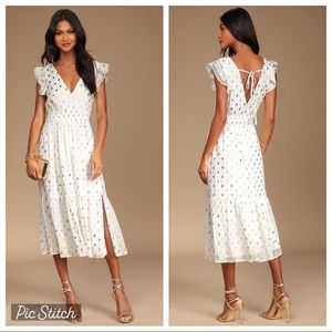 NWT Lulus Cause to Celebrate White and Gold Dot Ruffled Tiered Midi Dress